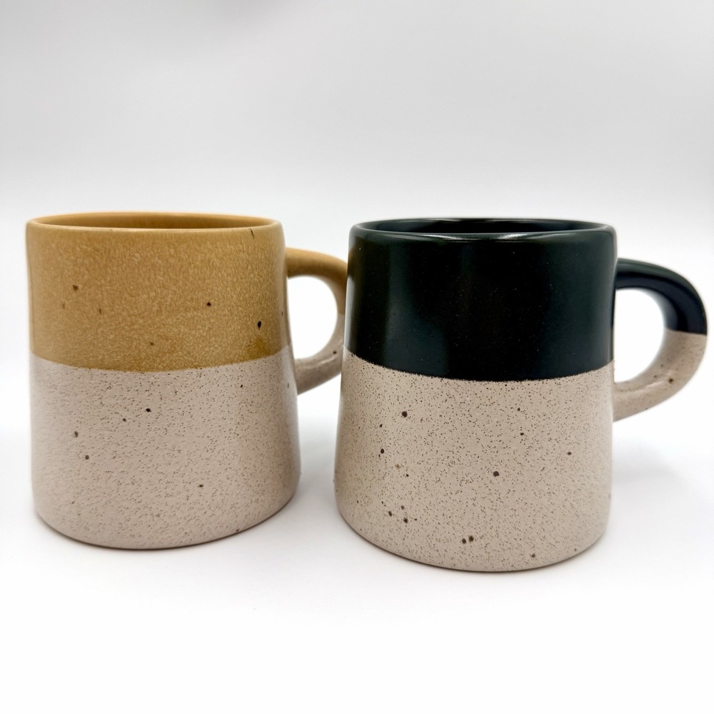 Hearth & Hand Magnolia Mugs Set 2 Speckled Dipped Stoneware Green & Gold Yellow